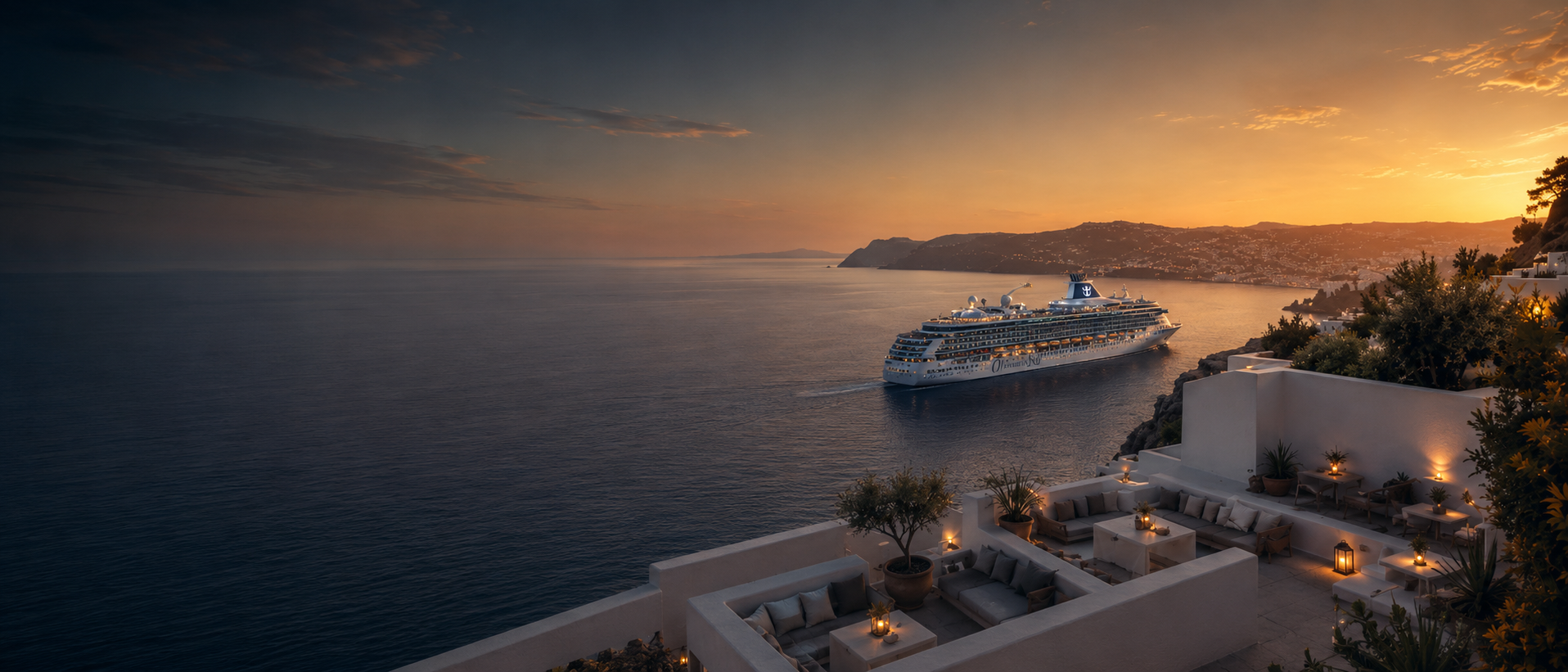 Cruise ship sailing near a warm coastal destination at sunset